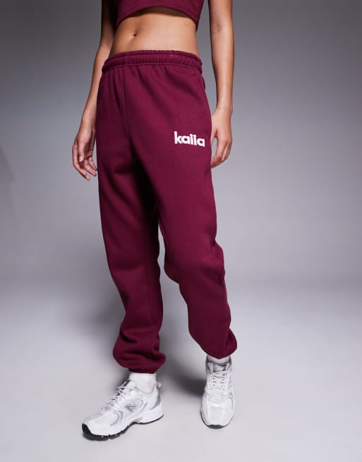 Kaiia - Bordeauxrøde/lyserøde bomuldsrige joggingbukser med logo og tætsiddende buksekanter - Del af sæt  , 3 af 5