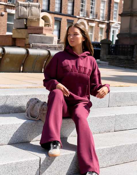 Kaiia – Bordowa bogata w bawełnę bluza oversize z kapturem i haftowanym logo, część zestawu - view 1