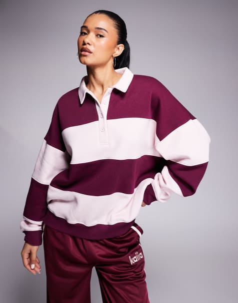 Kaiia cotton rich oversized striped rugby sweatshirt in burgundy and pink  