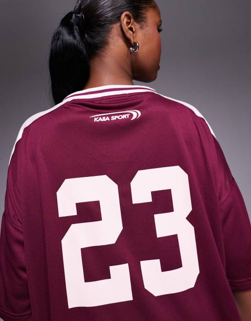 Kaiia – Bordowo-różowy dżersejowy T-shirt futbolowy oversize, 3 z 4