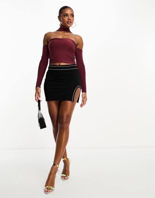 Kaiia – Bordowy top typu bardot z chokerem, 3 z 4