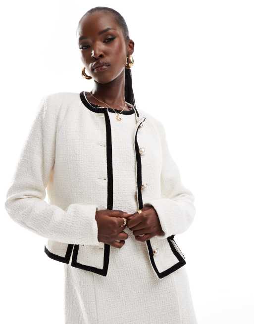 Kaiia boucle bow detail pearl button through fitted jacket in white (part of a set)