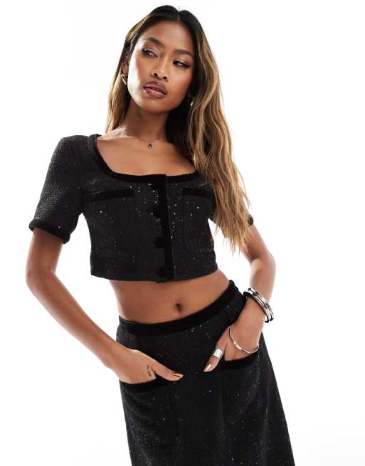 Kaiia boucle button through pocket detail crop top in black (part of a set)
