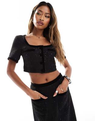 boucle button up pocket detail crop top in black - part of a set