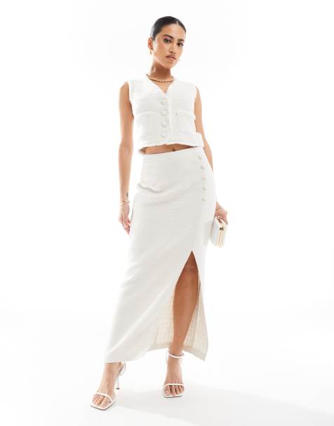 Kaiia - Bouclé gilet met textuur en maxi rok in wit, co-ord set - view 1