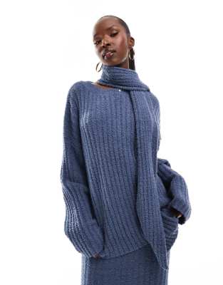 Kaiia boucle knit oversized jumper with removeable scarf co-ord in blue-Navy