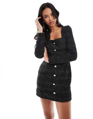 boucle square neck button up mini dress in black