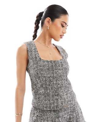 Kaiia Boucle Square Neck Top In Gray - Part Of A Set-black