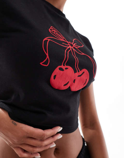 Kaiia bow cherry motif cropped baby tee in black (part of a set), 3 of 4