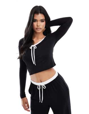 bow detail contrast trim long sleeve pajama top in black - part of a set