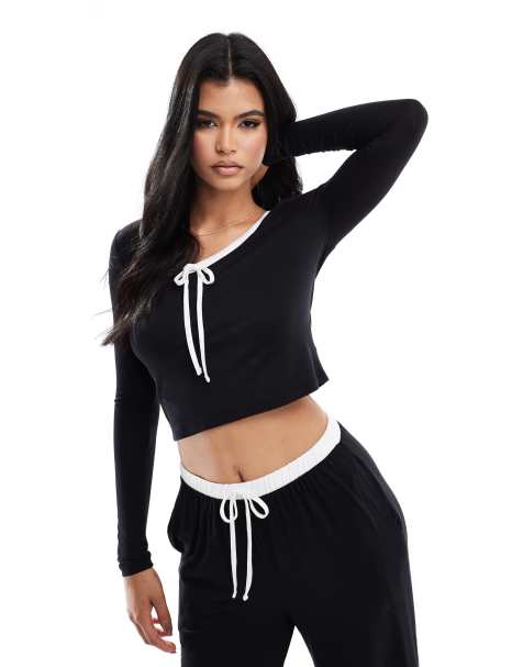 Kaiia bow detail contrast trim long sleeve pyjama top in black (part of a set) - view 1