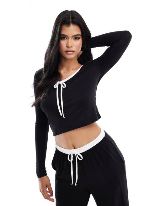 Kaiia bow detail contrast trim long sleeve pyjama top in black (part of a set)