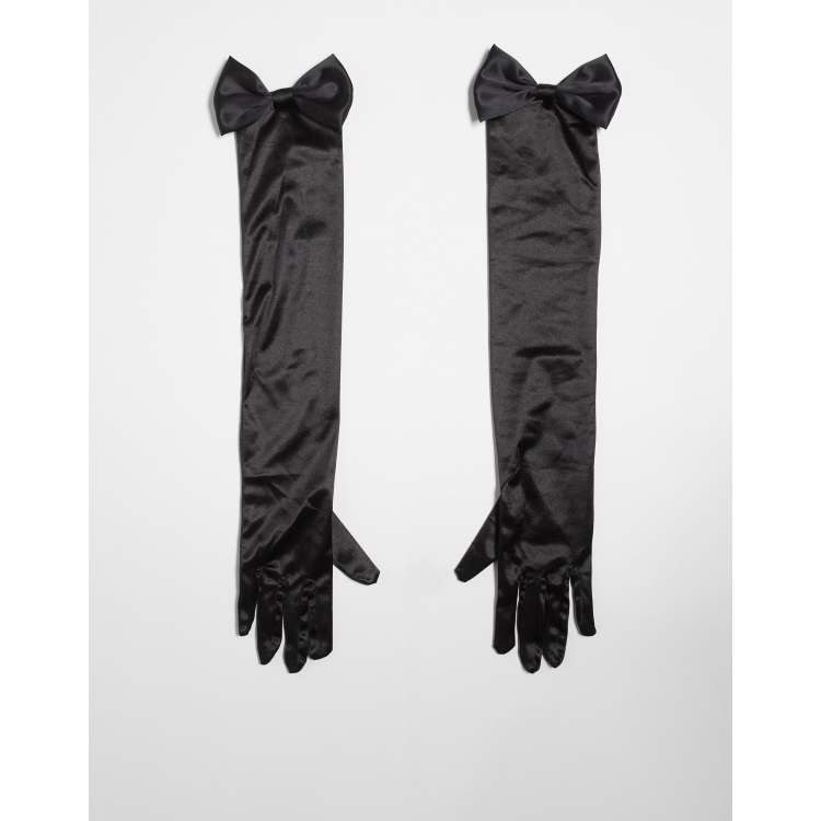 Kaiia bow detail satin gloves in black