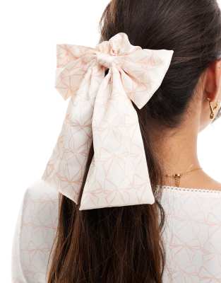 bow hair scrunchie in pink and cream bow print - part of a set-White