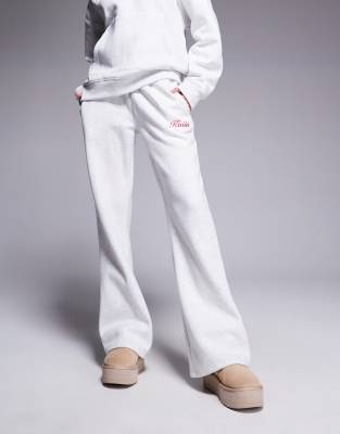 Kaiia Bow Waistband Detail Wide Leg Embroidered Logo Sweatpants In Gray