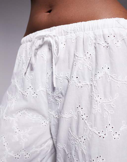 Kaiia broderie drawstring waist wide leg beach pants in white (part of a set), 2 of 5
