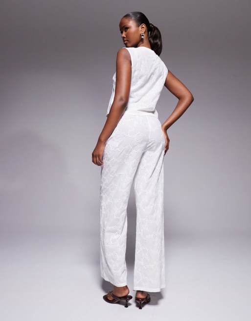 Kaiia broderie drawstring waist wide leg beach pants in white (part of a set), 3 of 5