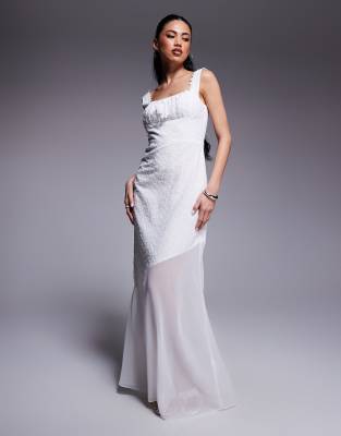 broderie tie bust detail asymmetric sheer hem maxi dress in white