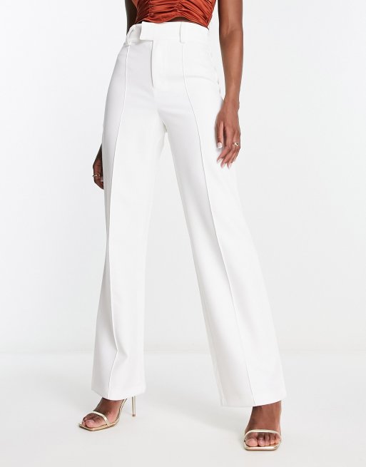 Kaiia - Broek met hoge taille, wijde pijpen en naaddetail in wit