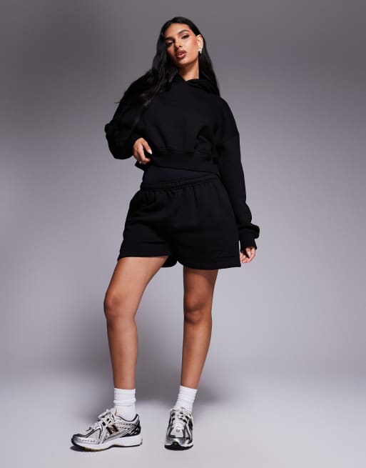 Kaiia bubble embossed logo back pocket mini sweat shorts, cropped hoodie and body suit co-ord in black - BLACK