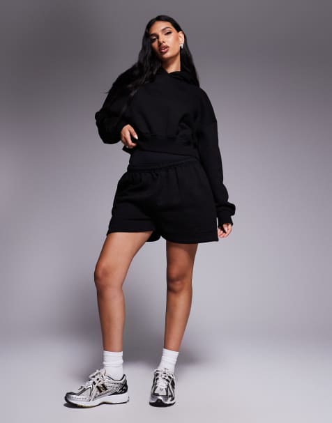 Kaiia bubble embossed logo back pocket mini sweat shorts, cropped hoodie and body suit co-ord in black - view 1