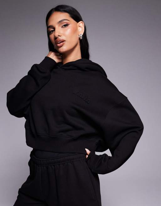 Kaiia bubble embossed logo cropped hoodie in black - part of a set