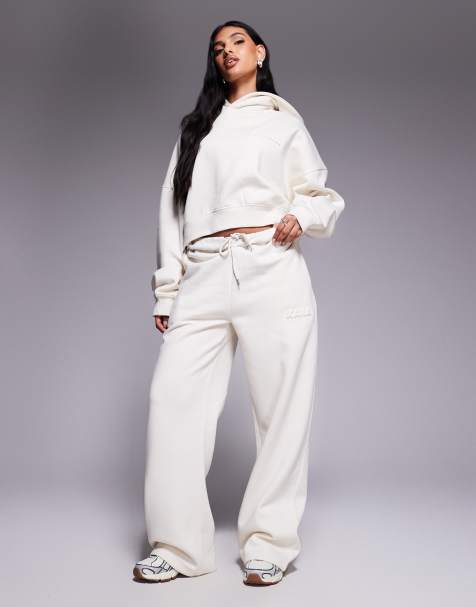 Kaiia bubble embossed logo oversized cropped hoodie co-ord in oat milk - view 1