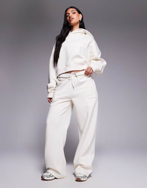 Kaiia bubble embossed logo oversized cropped hoodie in oat milk - part of a set