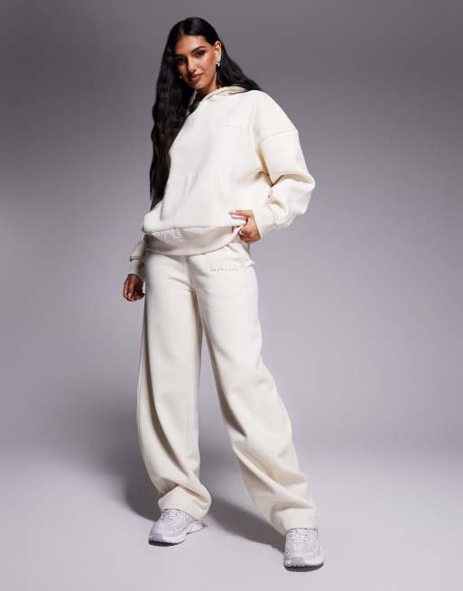 Kaiia bubble embossed logo oversized hoodie, wide logo trackies, high neck singlet top set in oyster
