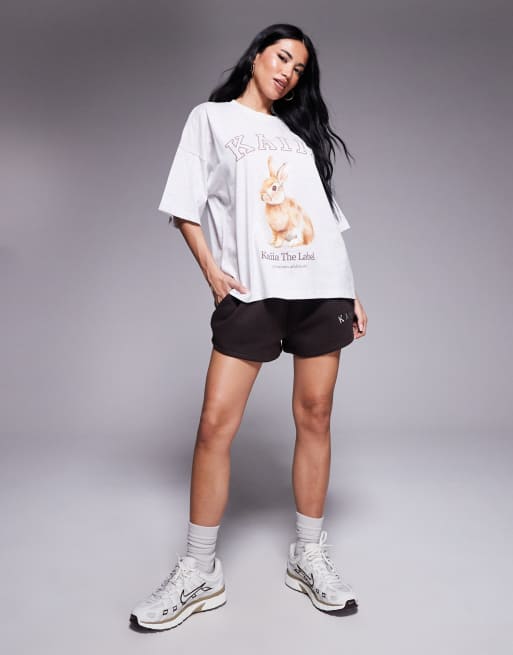 Kaiia bunny logo graphic oversized t-shirt in light heather gray