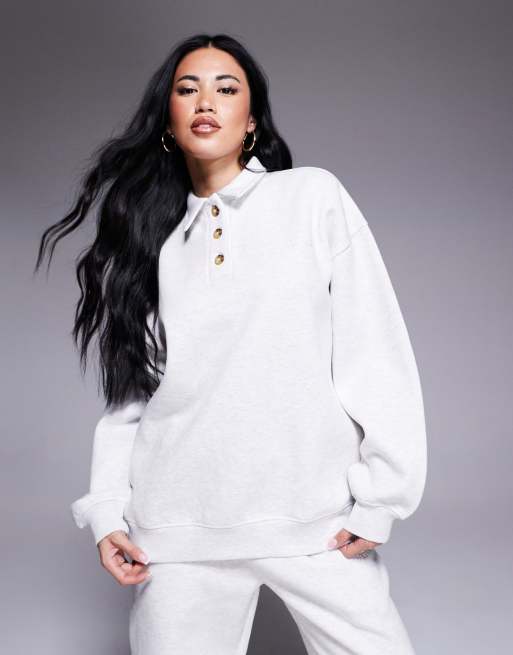 Kaiia button detail collared sweatshirt in light grey marl (Part of a set)