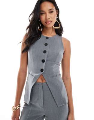 button detail split front vest in charcoal - part of a set-Gray