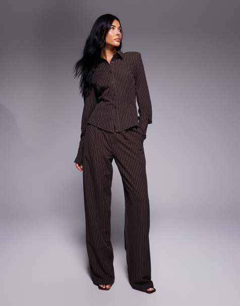 Kaiia button detail straight leg tailored trousers and fitted shirt co-ord in brown pinstripe - view 1