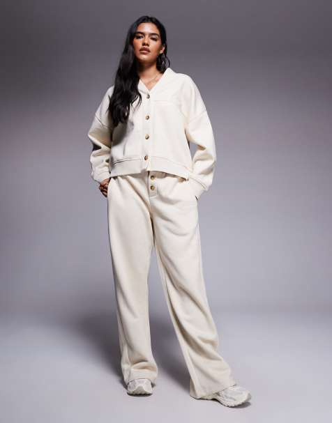 Kaiia button down cardigan and wide leg joggers co-ord in beige - view 1