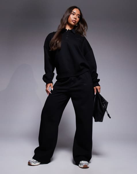 Kaiia button front collared sweatshirt and trackies set in black - view 1