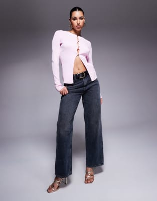 Kaiia Button Through Split Front Longline Cardigan In Pink