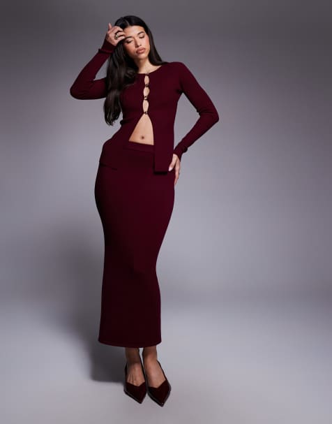 Kaiia button up split front longline knit top and maxi skirt set in plum - view 1