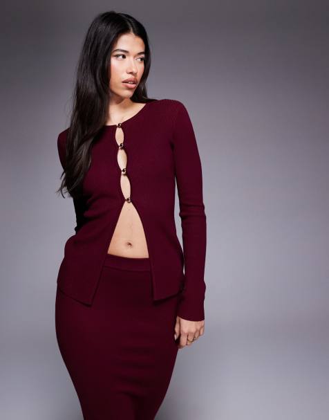 Kaiia button up split front longline knit top in deep burgundy - part of a set - view 1