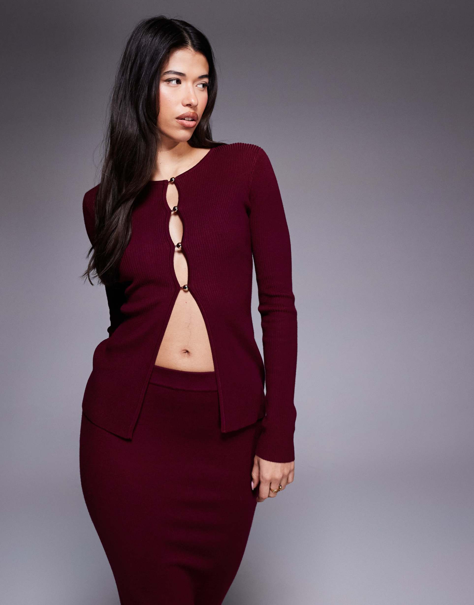 kaiia button up split front longline knit top in deep burgundy - part of a set