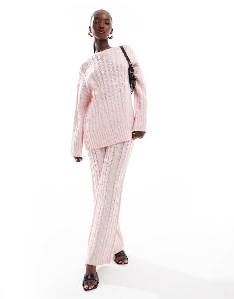 Kaiia cable knit longline oversized jumper and flared pants set in pink - view 1