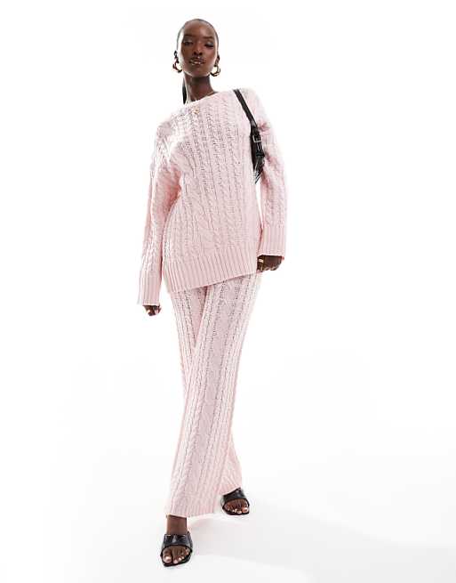 Kaiia cable knit longline oversized sweater in pink - part Kaiia cable knit longline oversized sweater in pink - part