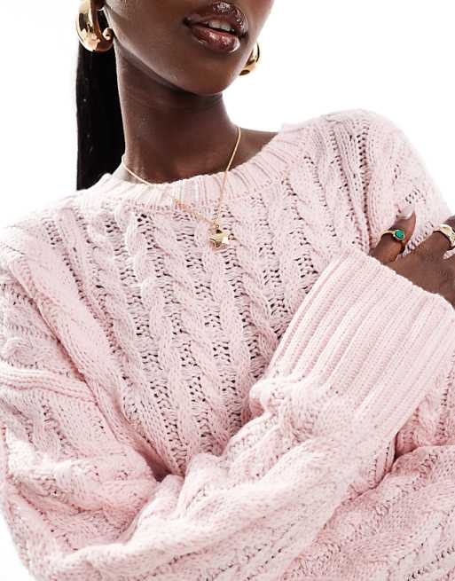 Kaiia cable knit longline oversized sweater in pink - part Kaiia cable knit longline oversized sweater in pink - part