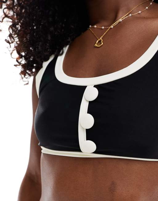 Kaiia cami contrast button detail bikini top co-ord in monochrome, 3 of 4
