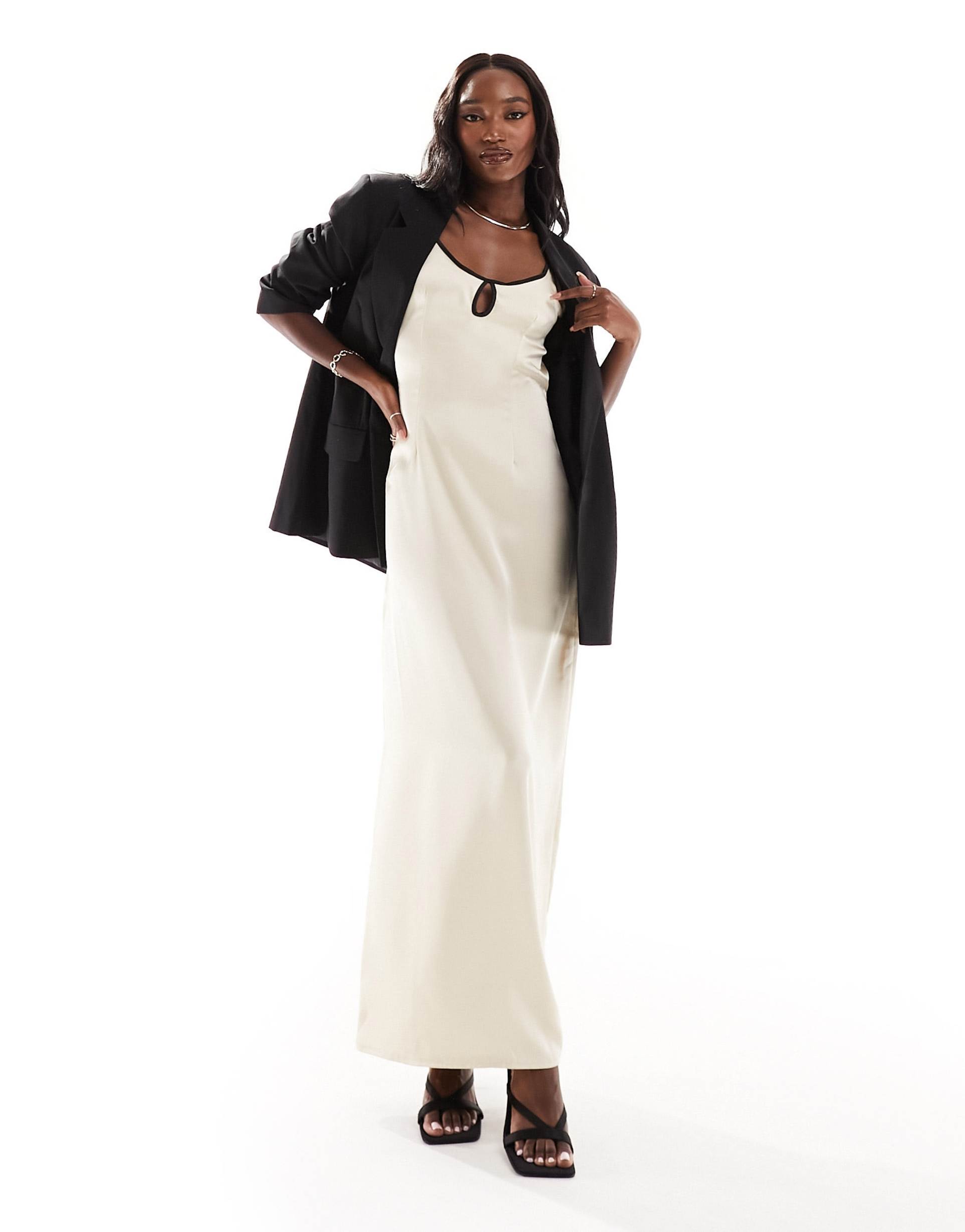 kaiia cami contrast edge open tie back maxi dress in cream