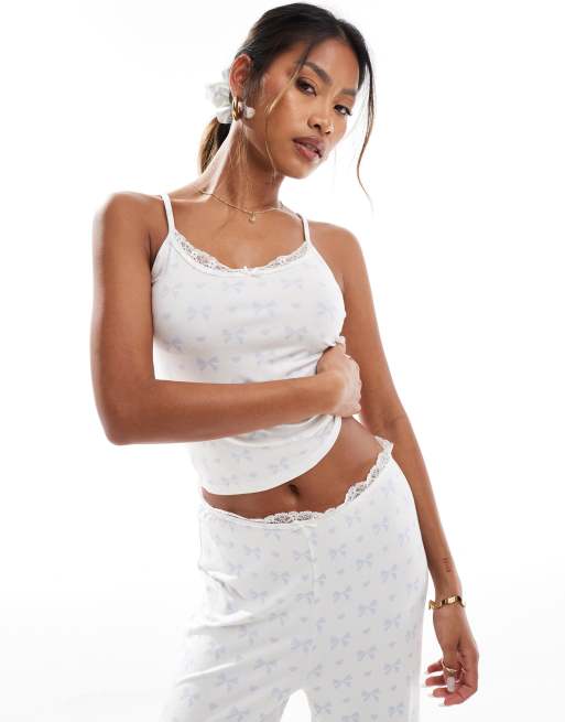 Kaiia cami pajama top in cream and blue bow print with lace trim - part of a set