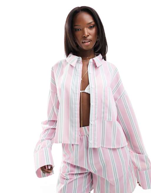 Kaiia - Camicia corta in popeline rosa a righe in coordinato