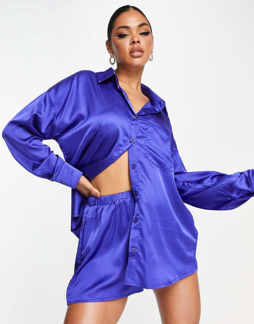 Kaiia - Camicia oversize in raso viola in coordinato