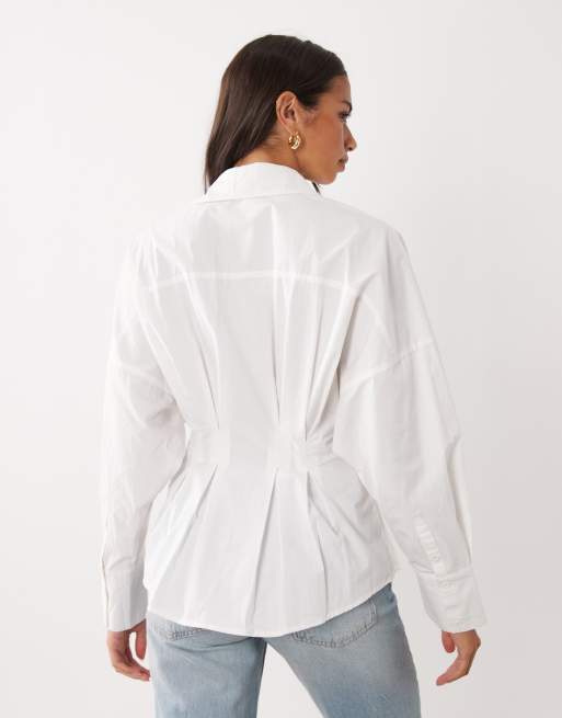 Kaiia - camisa de algodón con cintura ajustada, cierre de botones y mangas abullonadas en blanco, 4 de 4