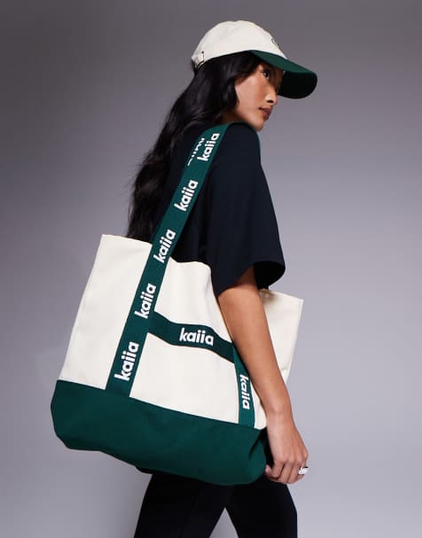 Kaiia canvas logo tote bag in cream and green - view 1