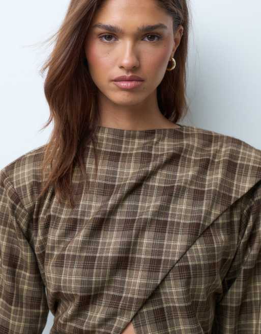 Kaiia cape wrap detail button through tie back detail shirt in brown check, 2 of 4
